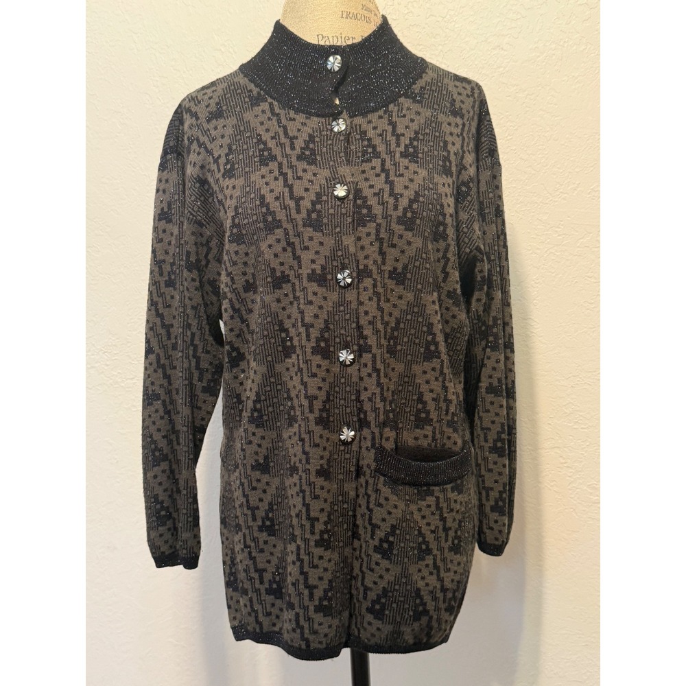 Gil Aimbez Knits Vintage Metallic Geometric Cardigan Sweater Brown Black P/S